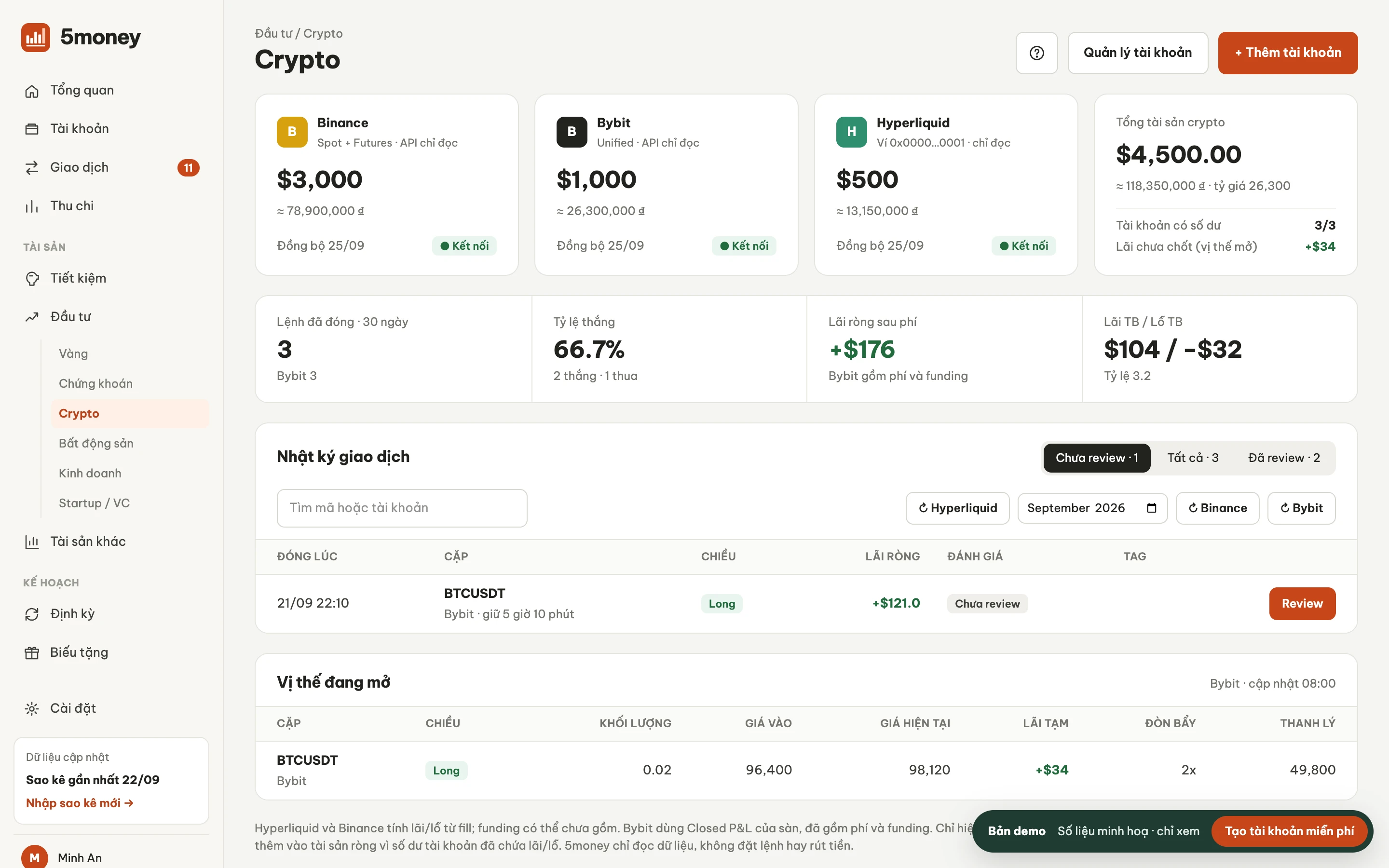 Trang Crypto: số dư theo sàn và ví