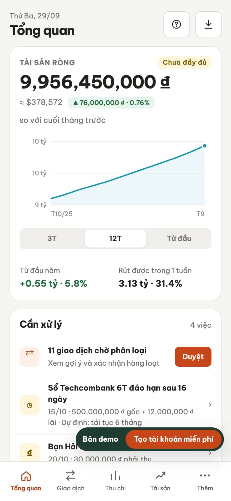 Trang Tổng quan của 5money trên điện thoại