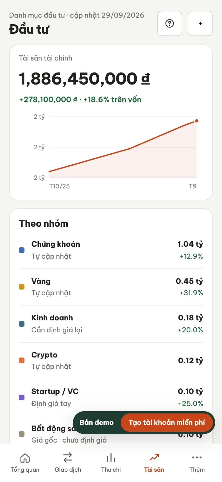 Trang Đầu tư của 5money trên điện thoại