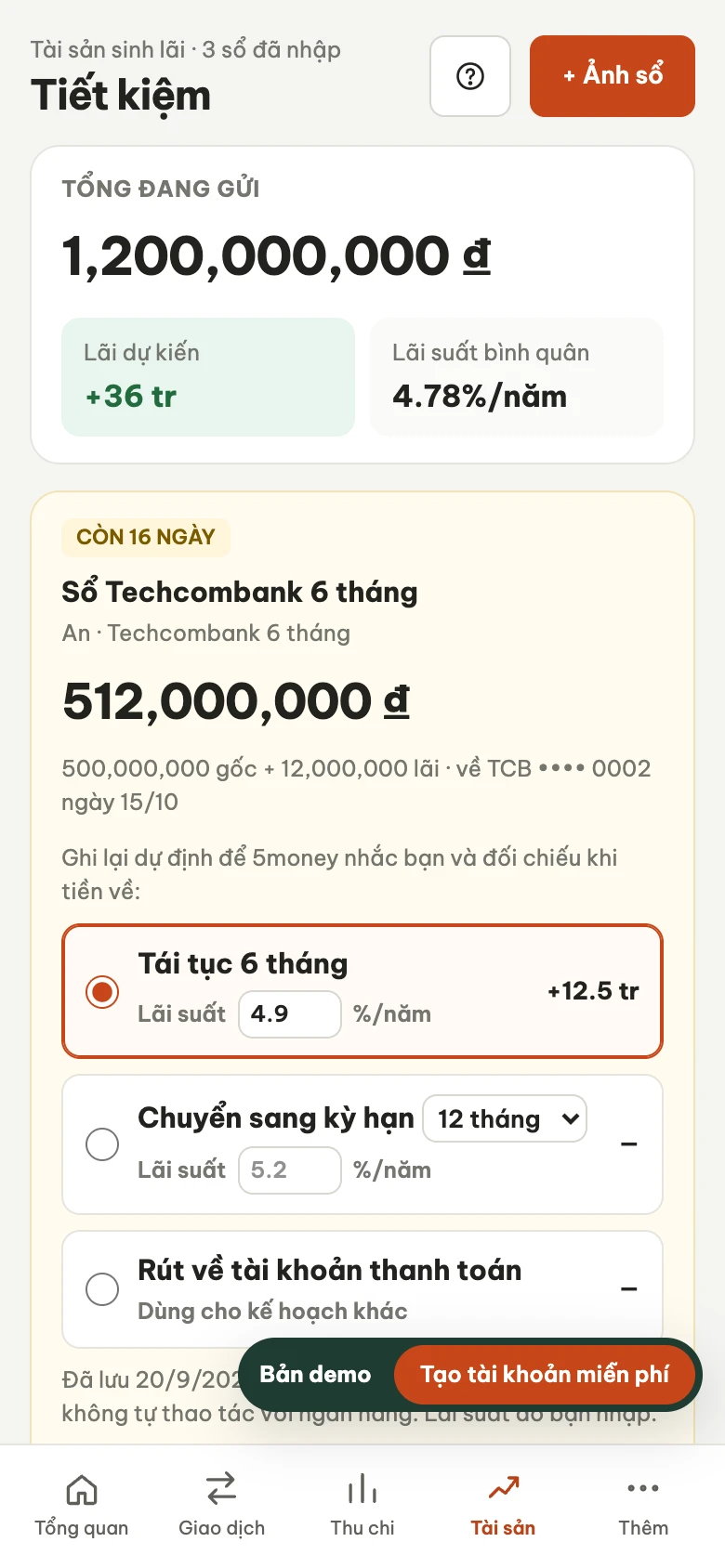 Trang Tiết kiệm của 5money trên điện thoại