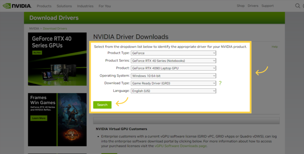Giao diện chọn phần mềm phù hợp từ NVIDIA DRIVER
